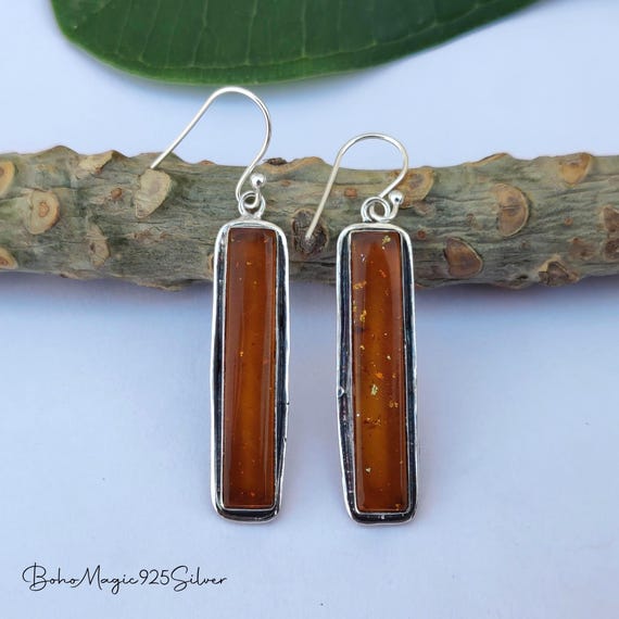 Amber Dangle Earrings: Handmade 925 Sterling Silver Gemstone Amber Dangle Earrings: Handmade 925 Sterling Silver Gemstone