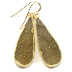 Drusy Earrings 14k Gold Filled Drusy Paired Aaa Amber Champagne Natural Quartz Long Large Druzy Teardrop Pear Shape Earthy Neutral Drops