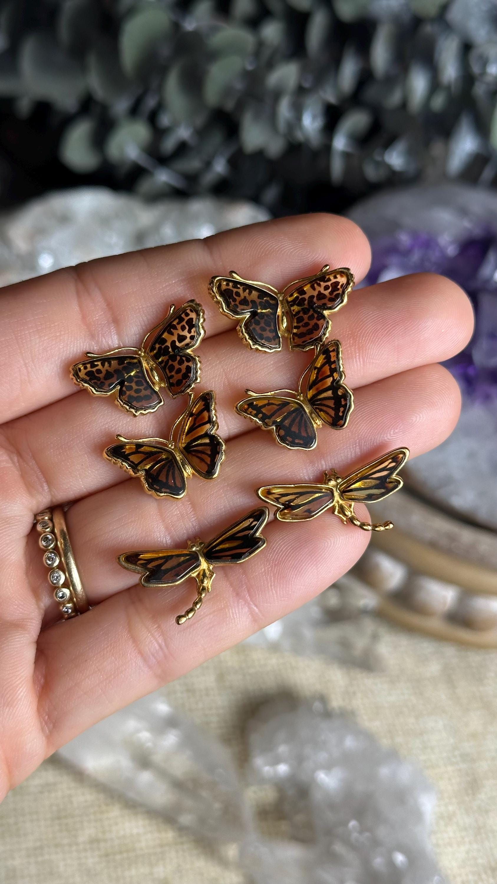 Gold Plated Sterling Silver Butterfly Stud Earrings: Baltic Amber Accent