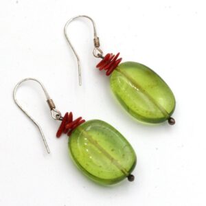 Green Amber Earrings: Sterling Silver, Red Coral, Prickly Pear Cactus