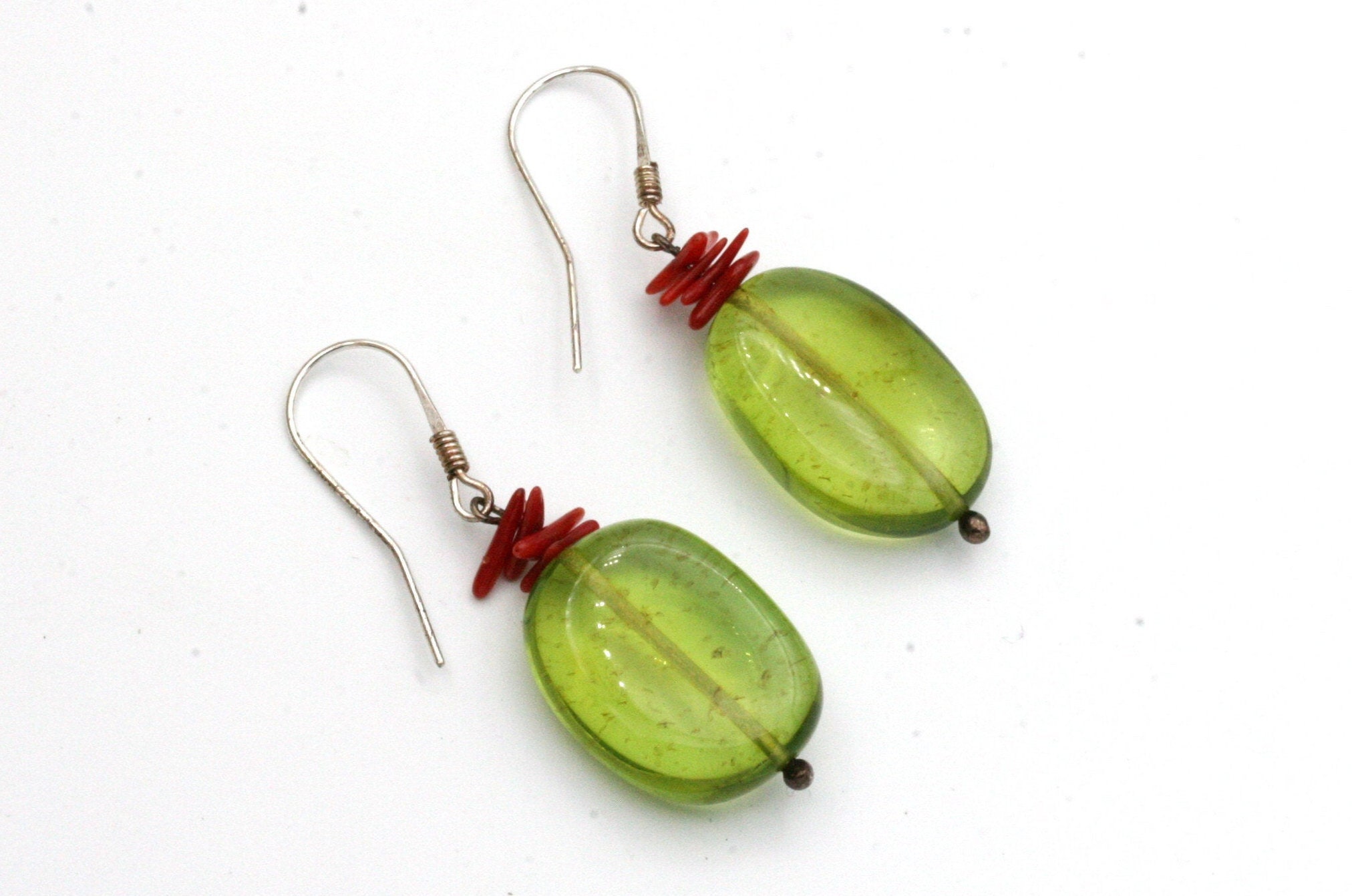 Green Amber Earrings: Sterling Silver, Red Coral, Prickly Pear Cactus
