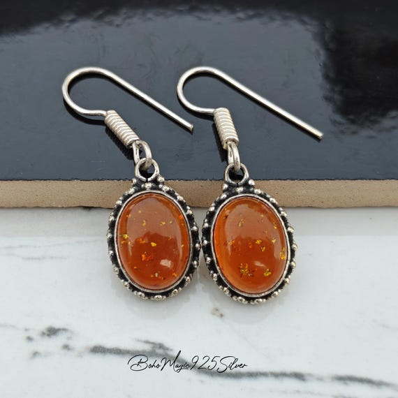 Handcrafted Amber Drop Earrings: 925 Sterling Silver Gemstone Jewelry