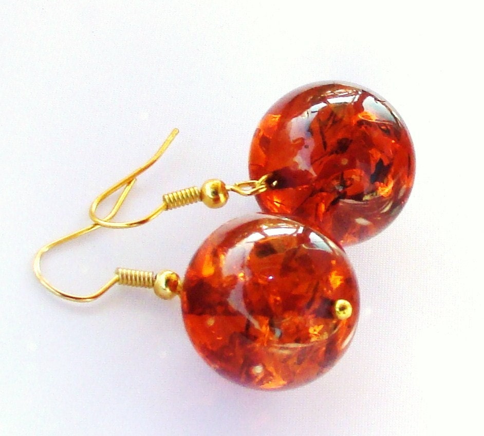 Handmade Amber Dangle Earrings: Gold Caramel Drops