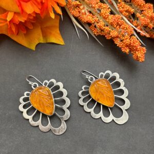 Large Leaves And Carved Amber Earrings