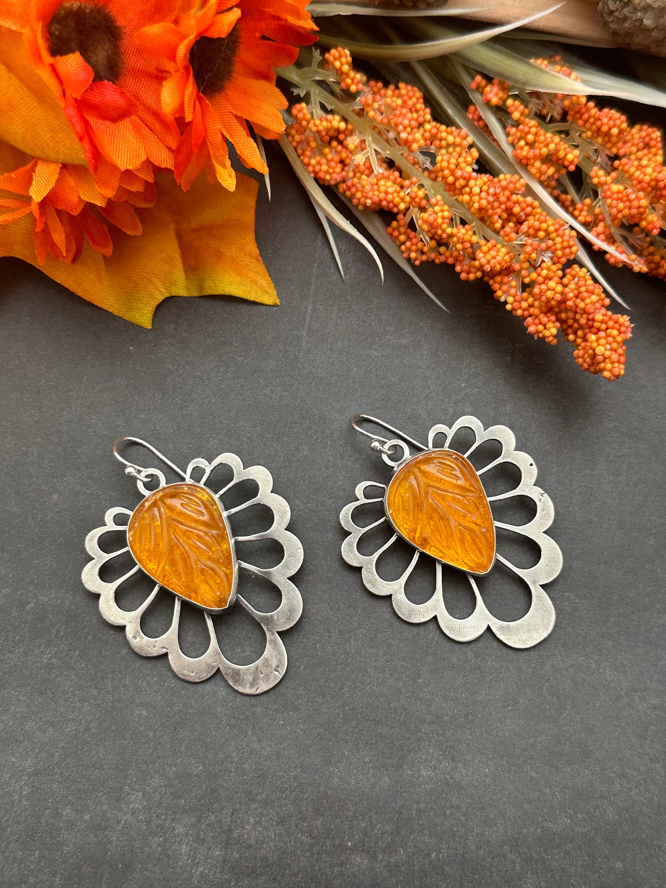 Large Leaves And Carved Amber Earrings