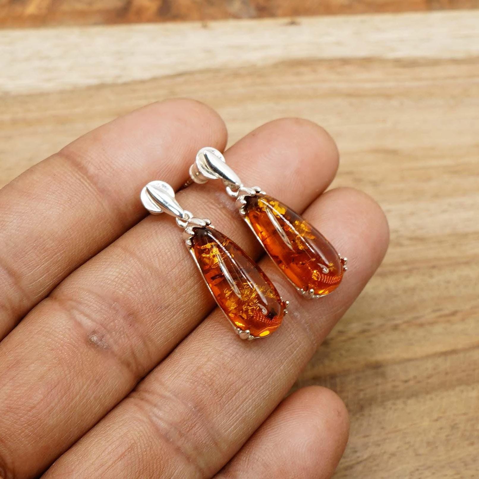 Natural Baltic Amber 925 Sterling Silver Gemstone Stud Earring, Precious Stone Jewelry