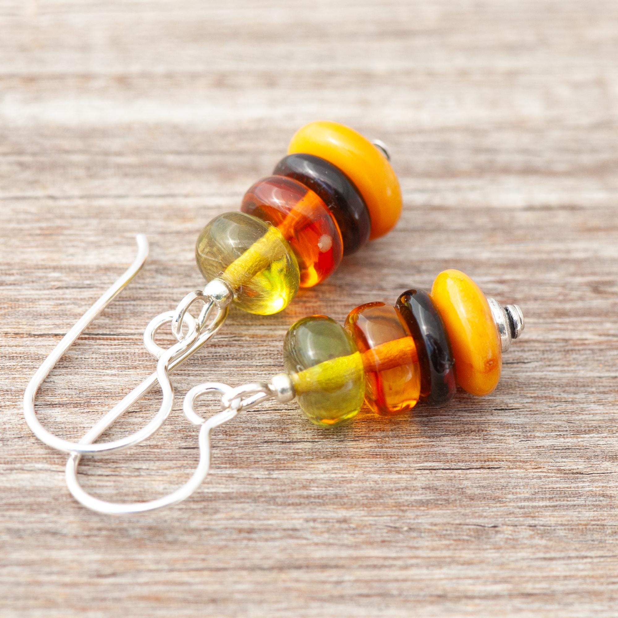Natural Amber Earrings, Green Caribbean And Brown & Golden Baltic Amber Dangles, 925 Sterling Silver French Ear Wires