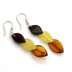Ombre Baltic Amber Leaf Earrings: Sterling Silver Nature Jewelry