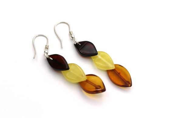 Ombre Baltic Amber Leaf Earrings: Sterling Silver Nature Jewelry