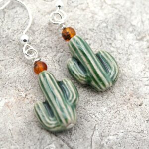 Porcelain Cactus Earrings: Amber & Sterling Silver Saguaro Jewelry