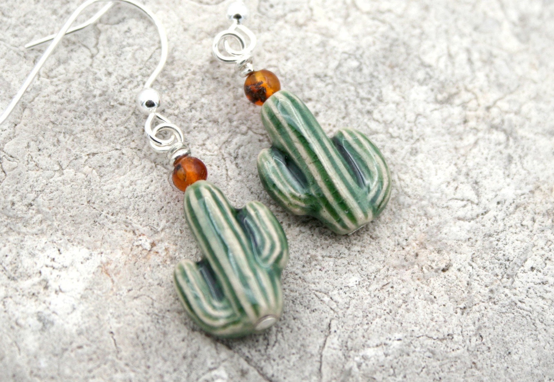 Porcelain Cactus Earrings: Amber & Sterling Silver Saguaro Jewelry