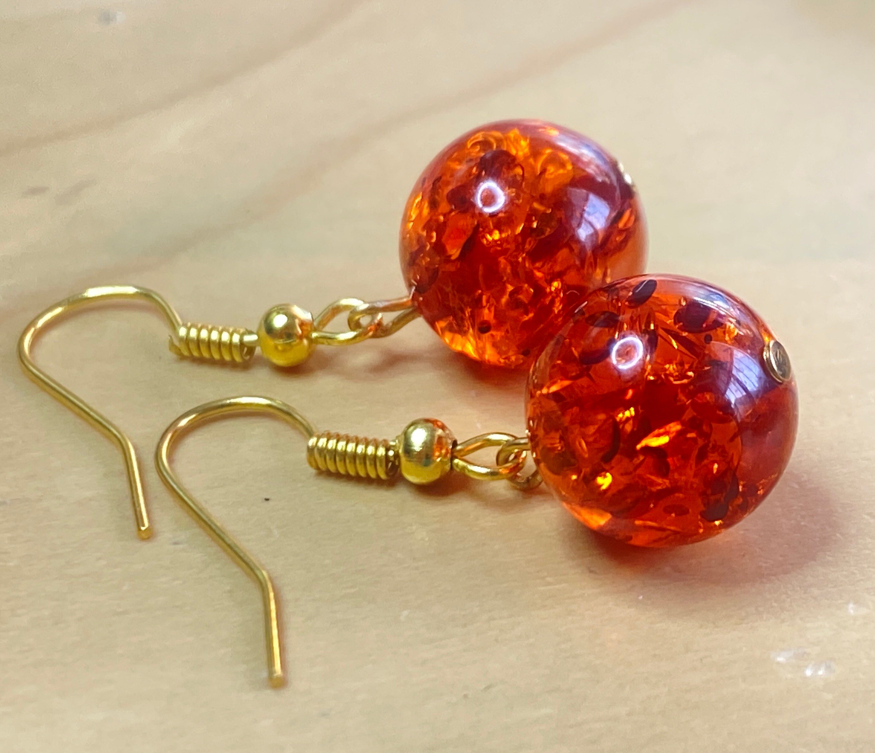 Amber Resin Earrings: Gold Plated Dangles, Gift For Woman