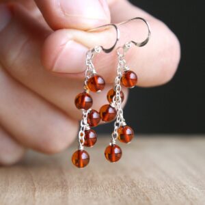 Sterling Silver Amber Dangle Earrings: Genuine Gemstone Cluster