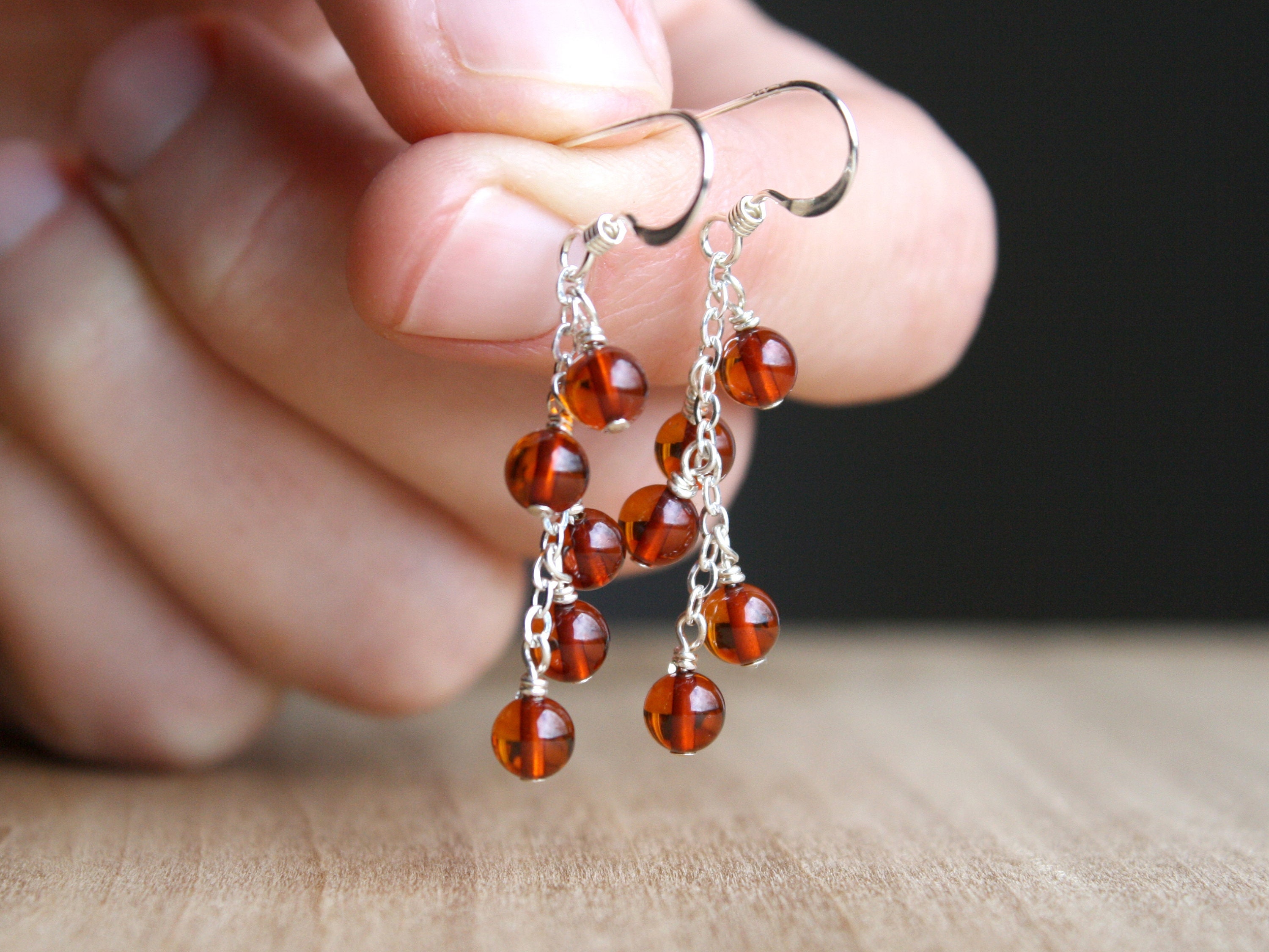 Sterling Silver Amber Dangle Earrings: Genuine Gemstone Cluster