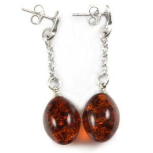 Amber Earrings Sterling Silver Honey Smooth Long Chain Style Teardrop Post Studs Dangles Lightweight Rich Yellow Rounded Drops