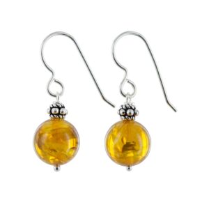 Yellow Amber Earrings, Sterling Silver Bali Beads, Gemstone Dangle Earrings