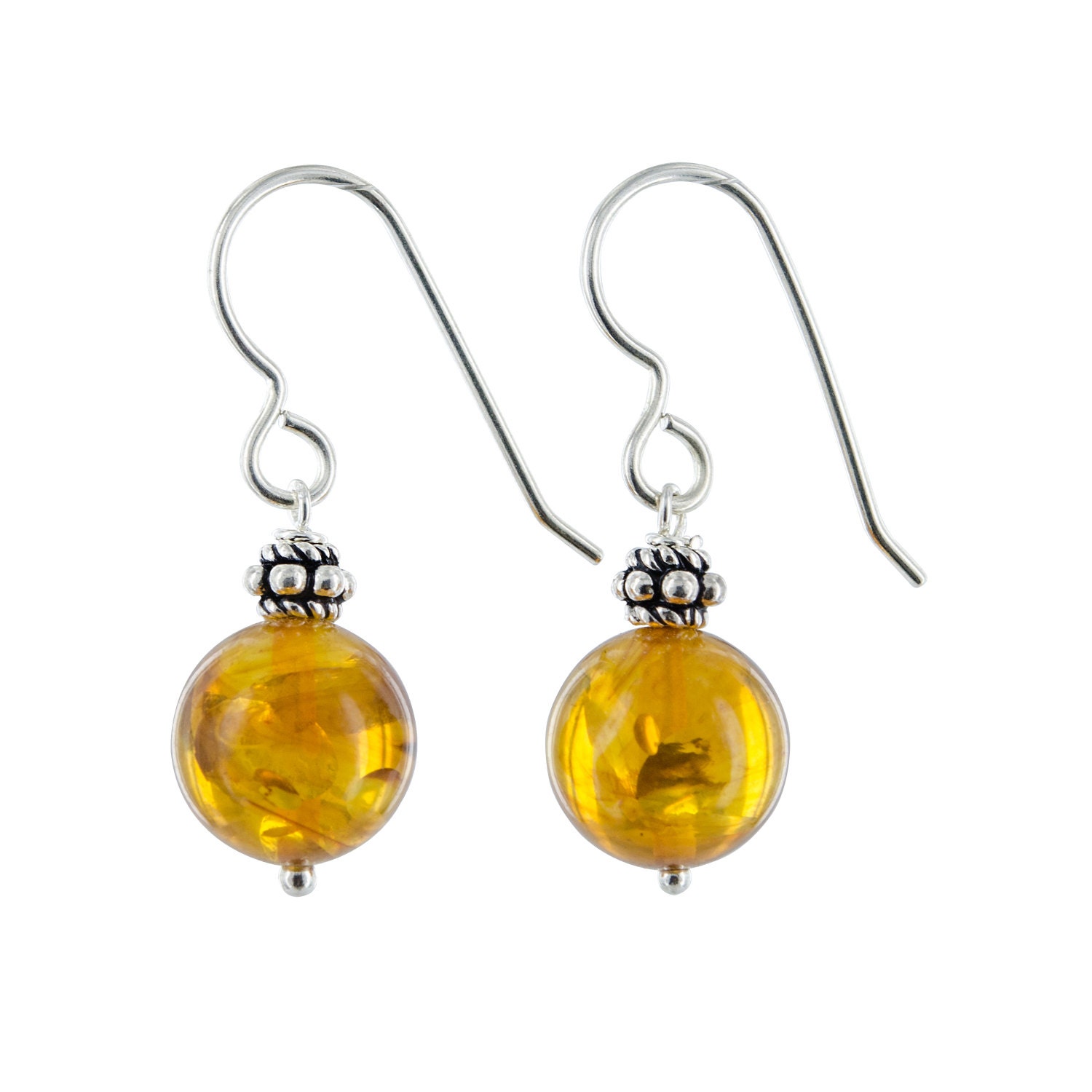 Yellow Amber Earrings, Sterling Silver Bali Beads, Gemstone Dangle Earrings