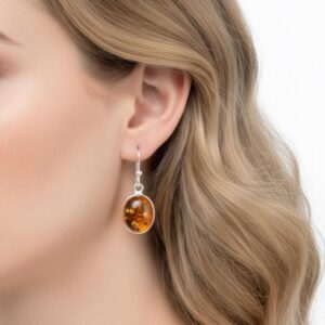 Yellow Amber Sterling Silver Hook Earrings: Handmade Oval Gemstone