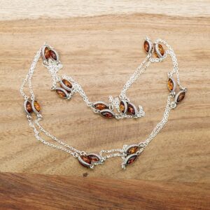 Baltic Amber Marquise Necklace in 925 Sterling Silver, Cognac Gemstone Layered Jewelry