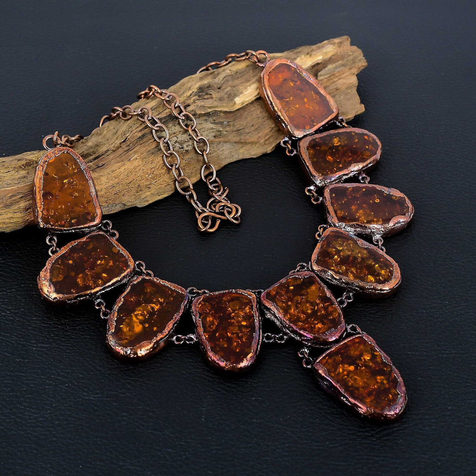 Baltic Amber Necklace Amber Rough Slice Copper Electroformed Necklace Handmade Adjustable Chain Necklace Jewelry Birthday And Wedding Gifts