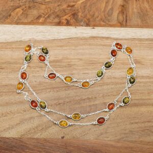 Genuine Multi Color Amber Necklace in 925 Silver, Mixed Gemstone Layered Chain
