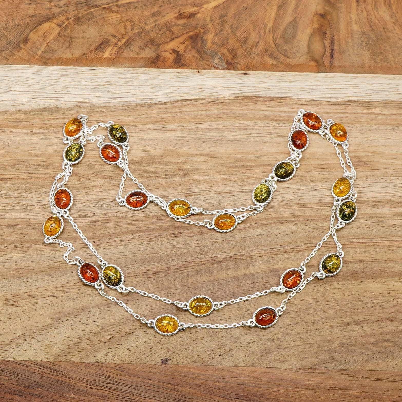 Genuine Multi Color Amber Necklace In 925 Silver, Mixed Gemstone Layered Chain Genuine Multi Color Amber Necklace In 925 Silver, Mixed Gemstone Layered Chain