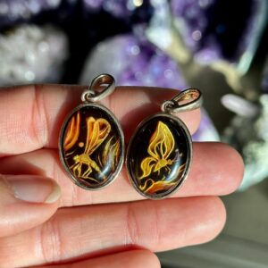 Hand Carved Amber Necklace: .925 Sterling Silver butterfly dragonfly