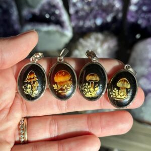 Hand Carved Amber Necklace: .925 Sterling Silver Magic Mushroom