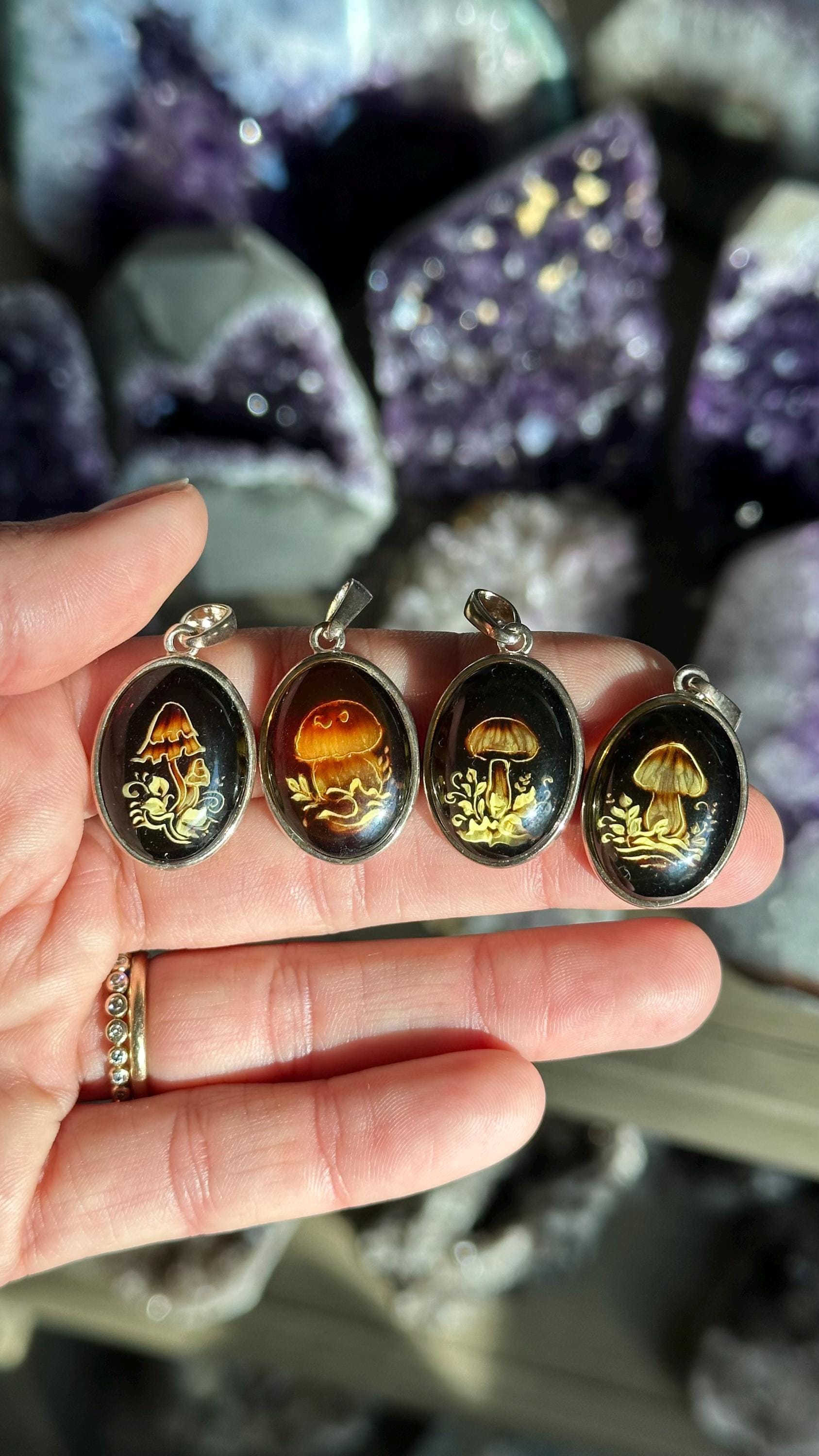 Hand Carved Amber Necklace: .925 Sterling Silver Magic Mushroom