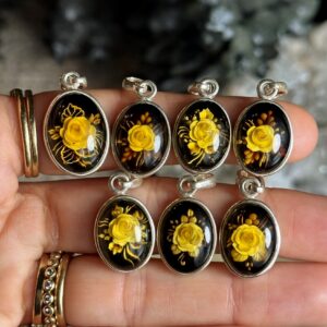 Hand Carved Rose Amber Necklace: .925 Sterling Silver