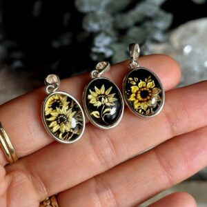 Hand Carved sunflower Amber Necklace: .925 Sterling Silver