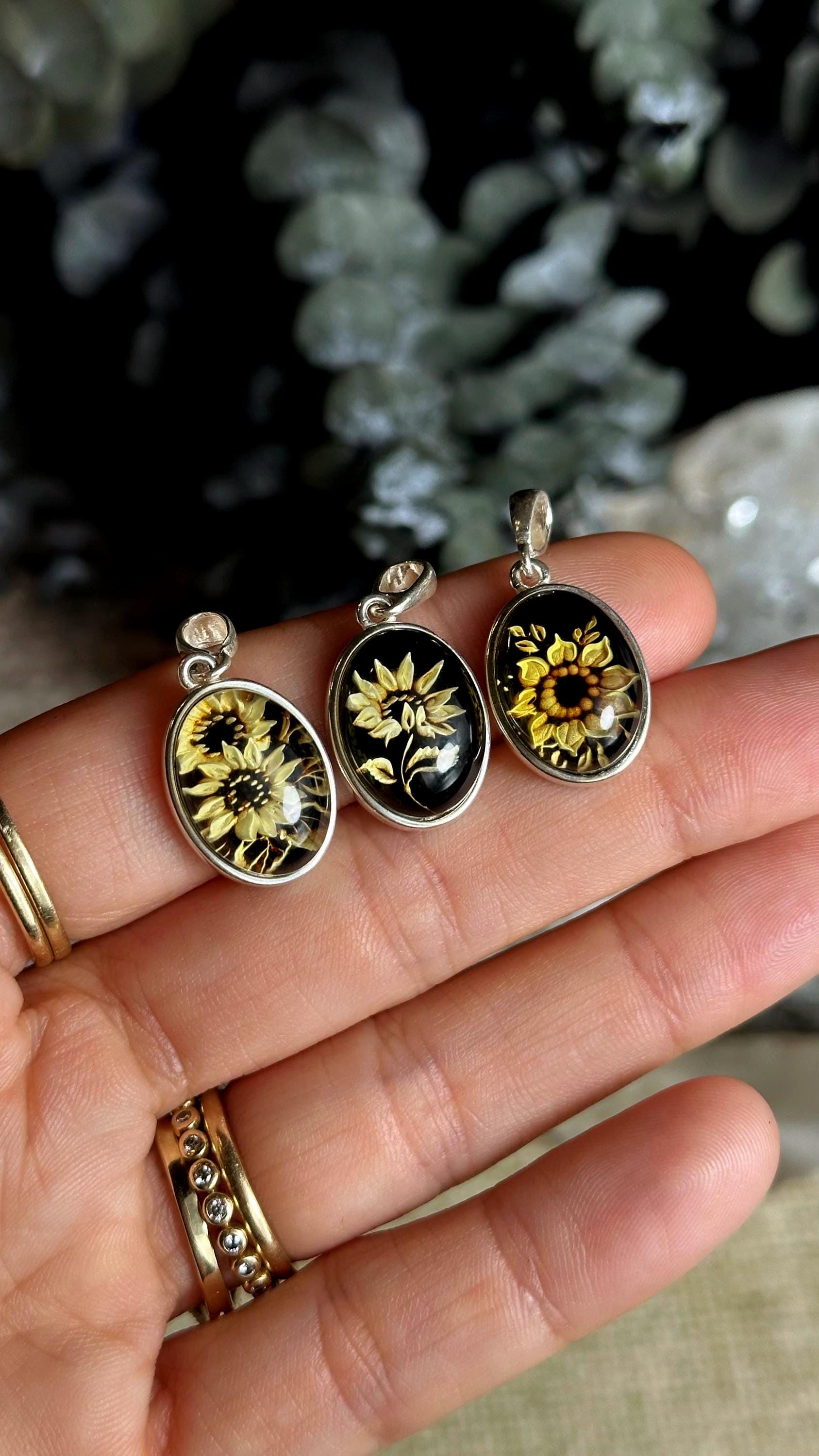 Hand Carved Sunflower Amber Necklace: .925 Sterling Silver