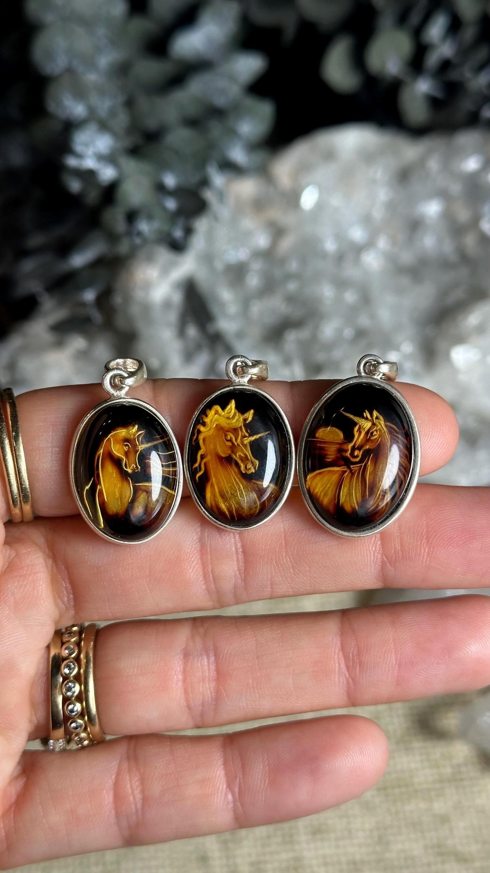 Hand Carved Unicorn Amber Necklace: .925 Silver
