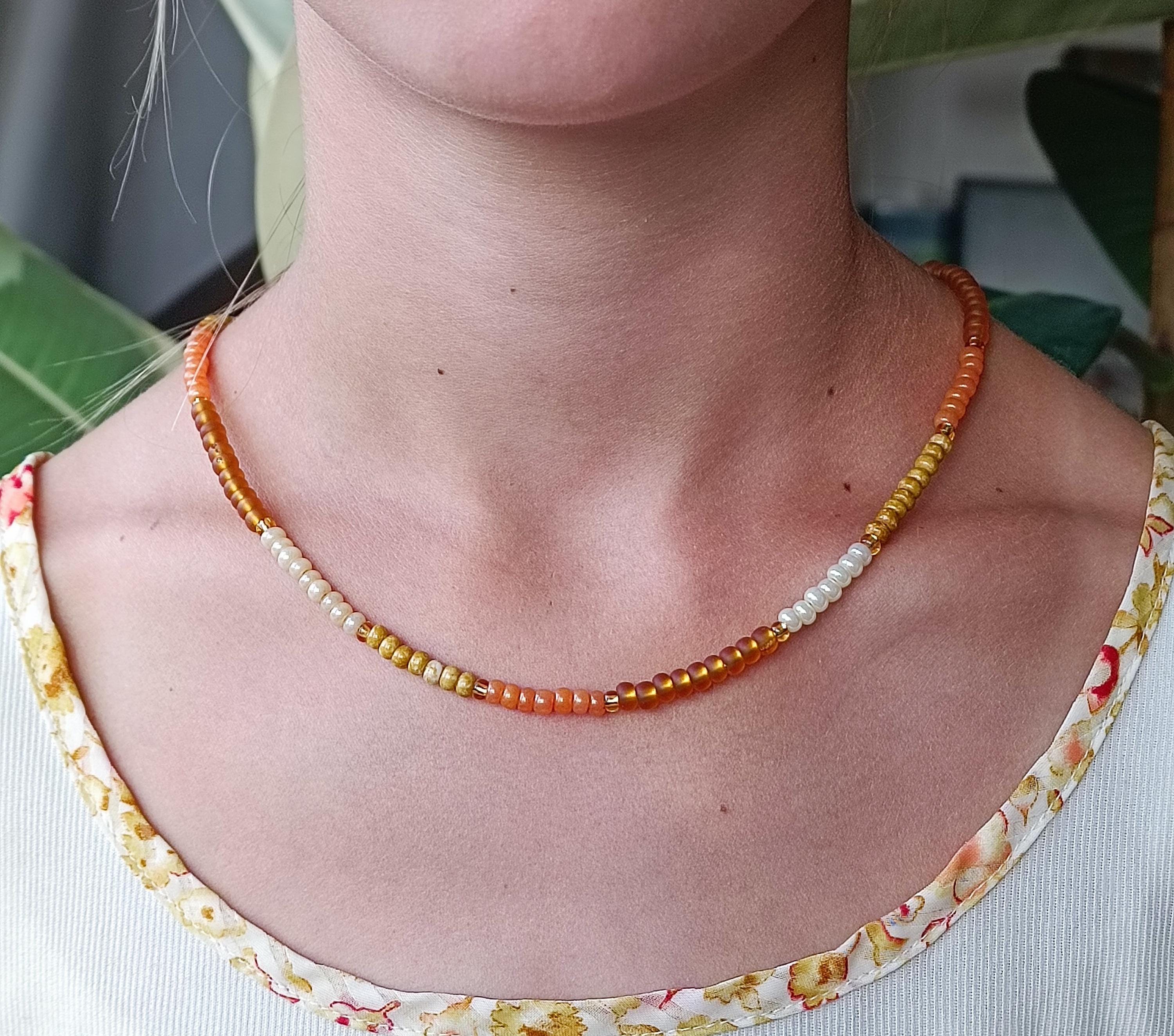 Amber, Honey Earth Tone Necklace, Dainty Beaded Choker