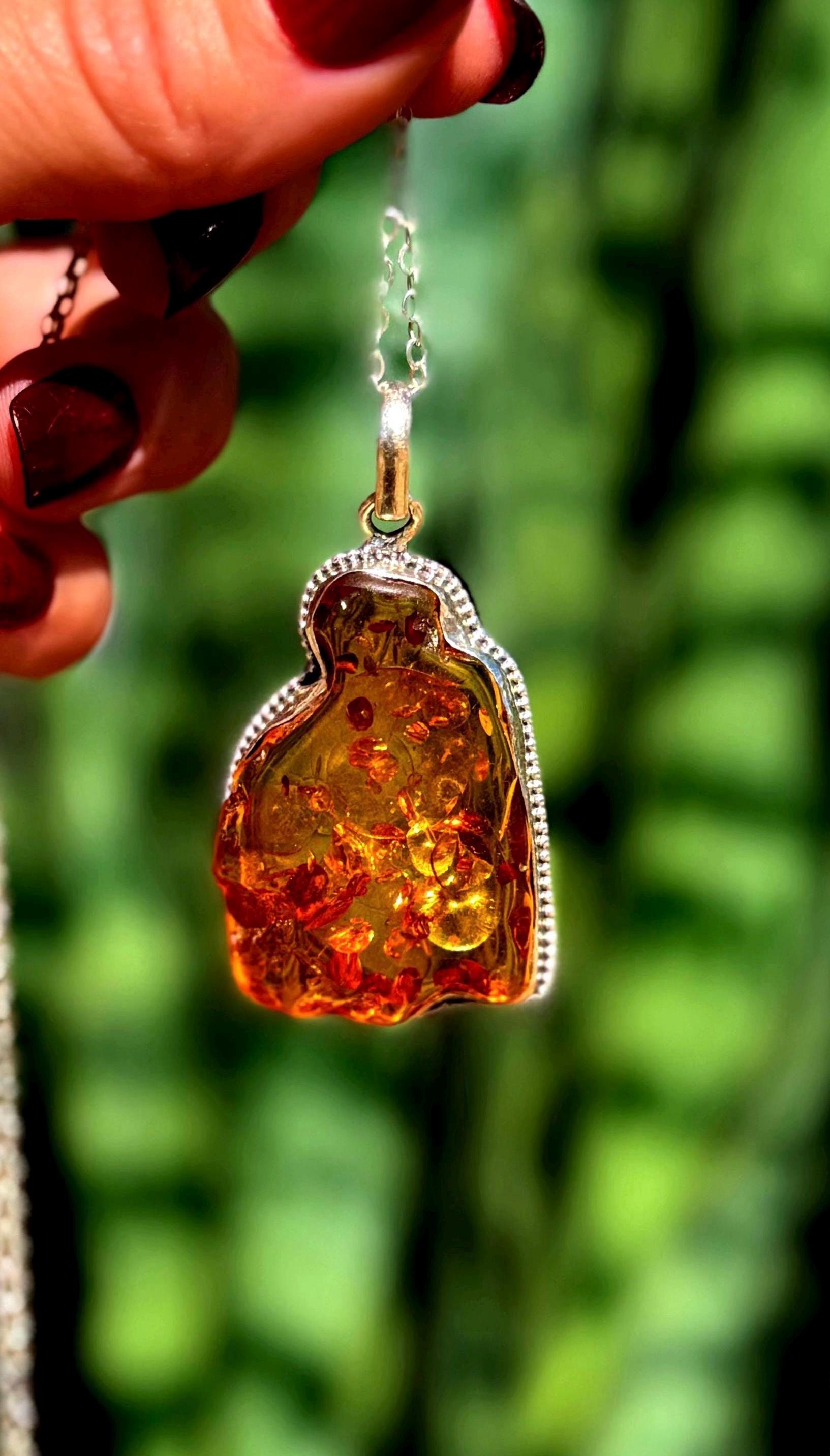 Amber Necklace In Sterling Silver - (baltic Amber) For Connection To Earth & Ancient Wisdom - Solar Plexus Chakra
