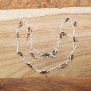 Amber Leaf Station Necklace, Cognac Baltic Amber, 925 Sterling Silver, Double Strand