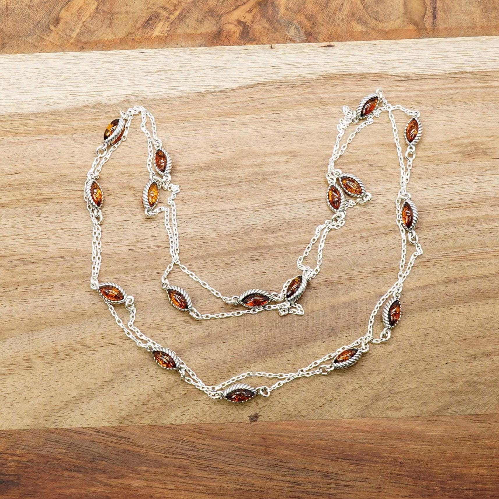 Amber Leaf Station Necklace, Cognac Baltic Amber, 925 Sterling Silver, Double Strand Amber Leaf Station Necklace, Cognac Baltic Amber, 925 Sterling Silver, Double Strand