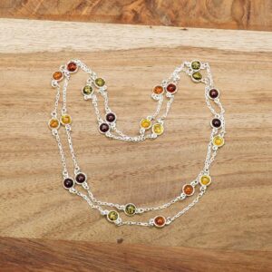 Natural Multi Color Amber Necklace 925 Silver, Green and Cherry Bezel Set Station Chain