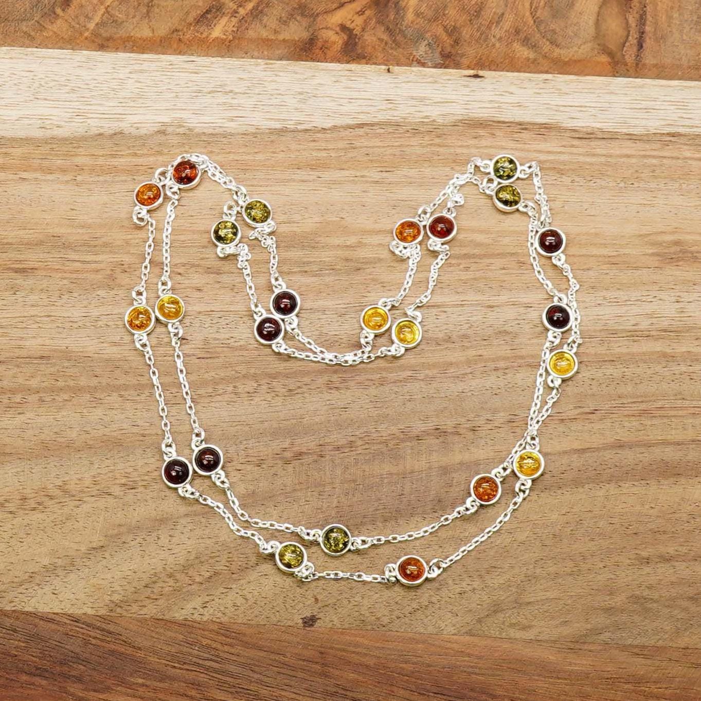 Natural Multi Color Amber Necklace 925 Silver, Green And Cherry Bezel Set Station Chain