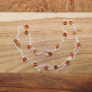 Precious Cognac Baltic Amber Necklace, 925 Silver Layered Chain, Multi-Stone Jewelry