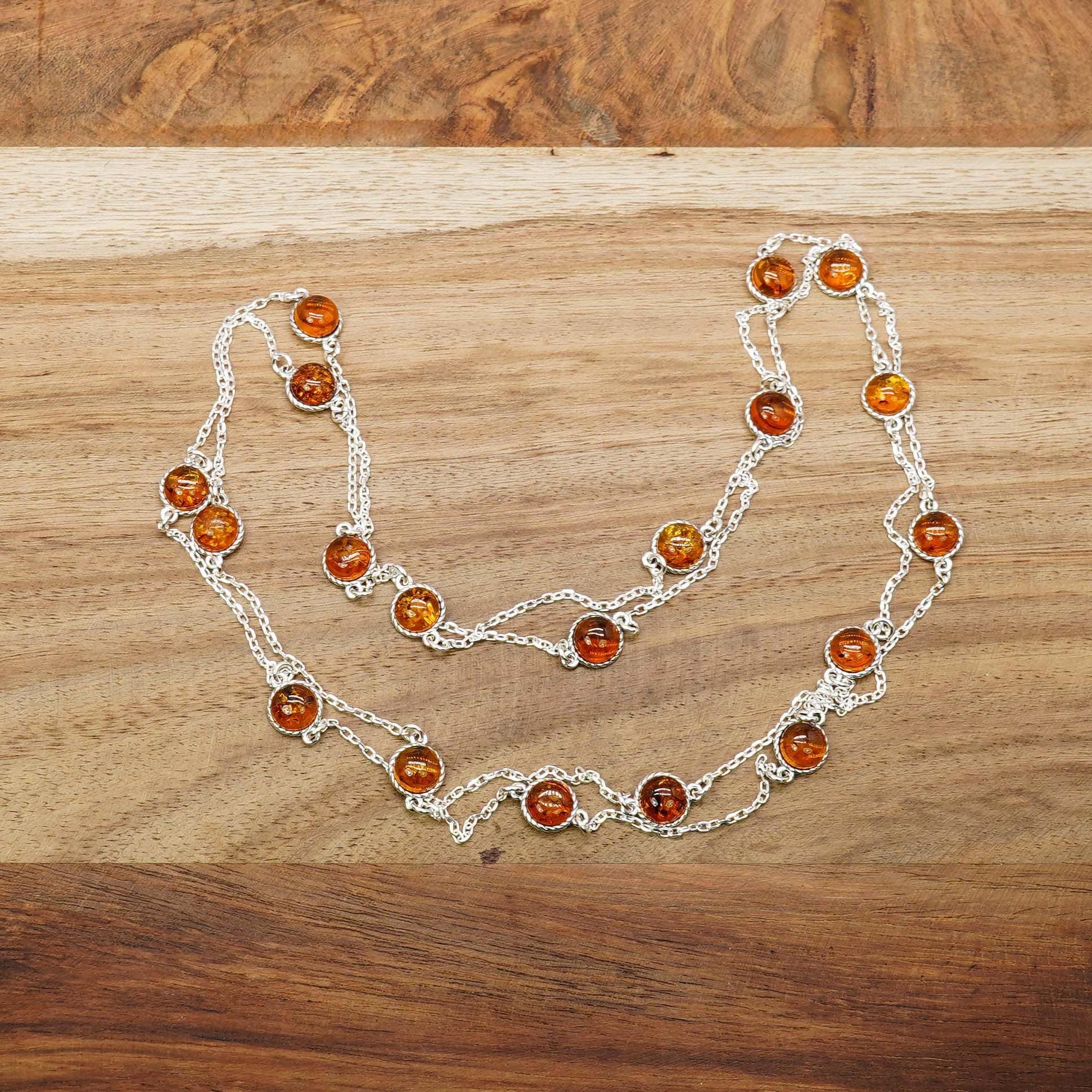 Precious Cognac Baltic Amber Necklace, 925 Silver Layered Chain, Multi-stone Jewelry