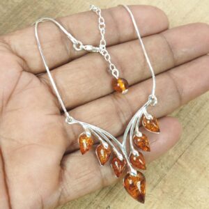 Yellow Baltic Amber 925 Sterling Silver Real Gemstone Chain Leaf Necklace, Baltic Cognac Necklace, Choker Necklace, Elegant Boho Jewelry