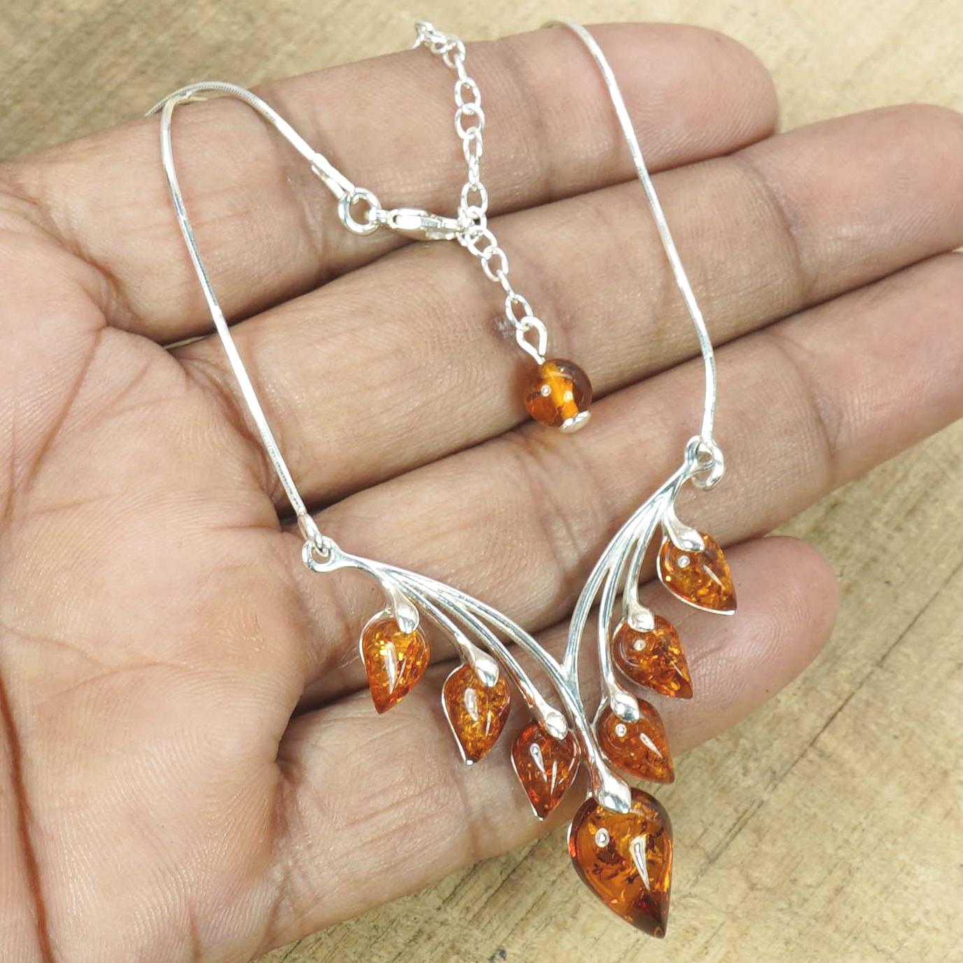 Yellow Baltic Amber 925 Sterling Silver Real Gemstone Chain Leaf Necklace, Baltic Cognac Necklace, Choker Necklace, Elegant Boho Jewelry