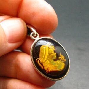 Hand Carved Baltic Amber 925 Silver Cameo Woman Lady Flower Pendant - 1.3"