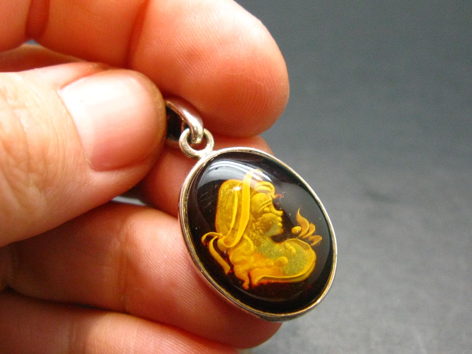 Hand Carved Baltic Amber 925 Silver Cameo Woman Lady Flower Pendant - 1.3" Hand Carved Baltic Amber 925 Silver Cameo Woman Lady Flower Pendant - 1.3"
