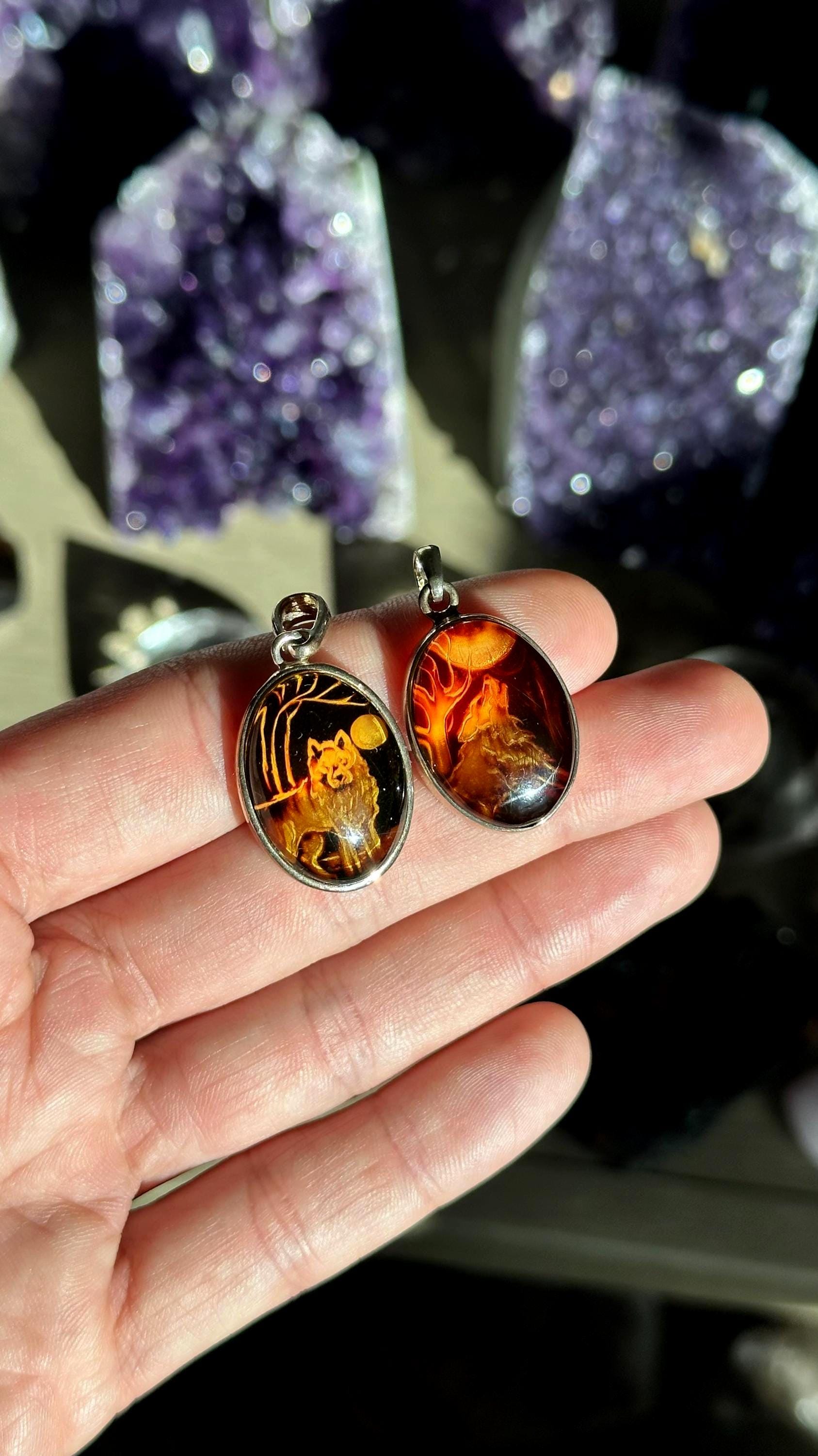 Hand-carved Baltic Amber Wolf Pendant .925 Sterling Silver