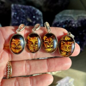 Hand carved amber cat necklace, amber pendant .925 Sterling Silver