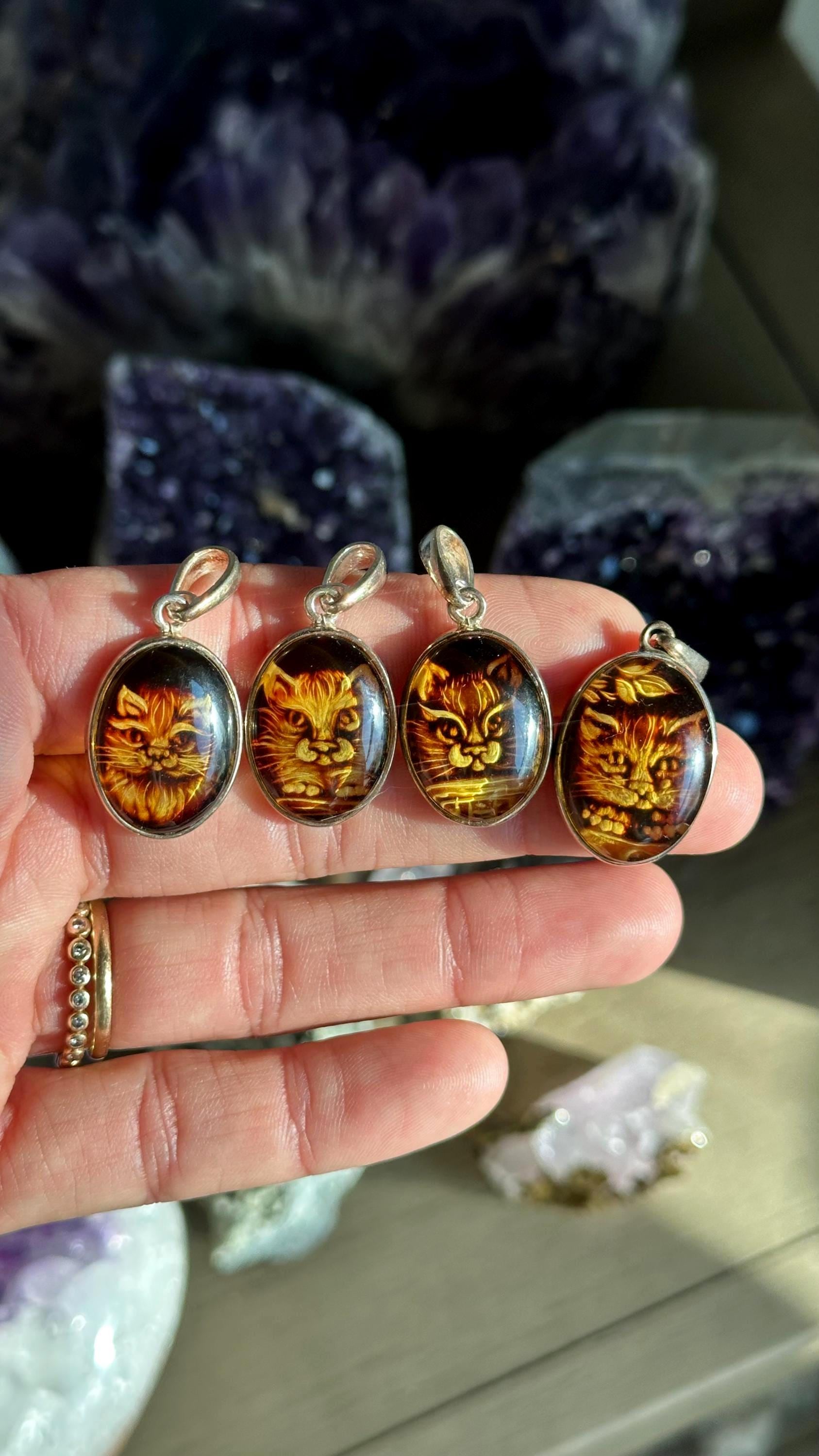 Hand Carved Amber Cat Necklace, Amber Pendant .925 Sterling Silver