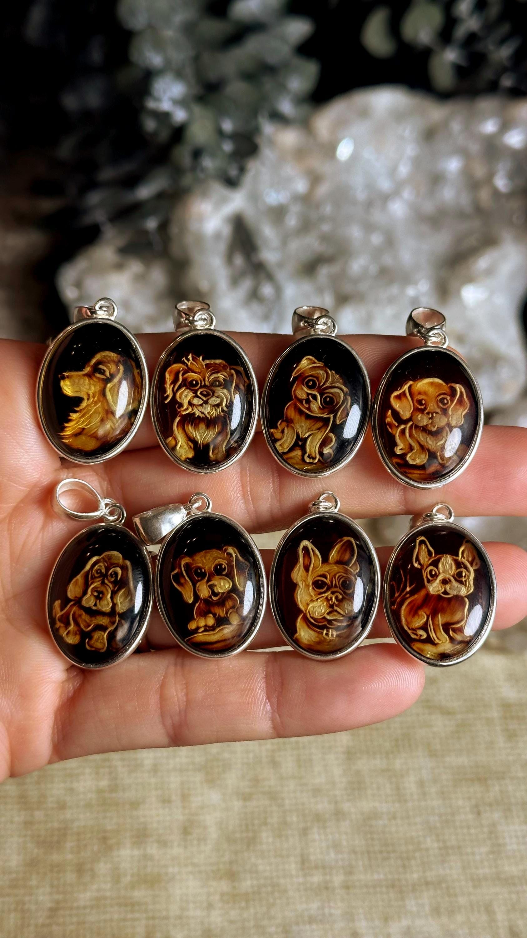 Hand Carved Amber Dog Pendant .925 Sterling Silver, Dog Necklace