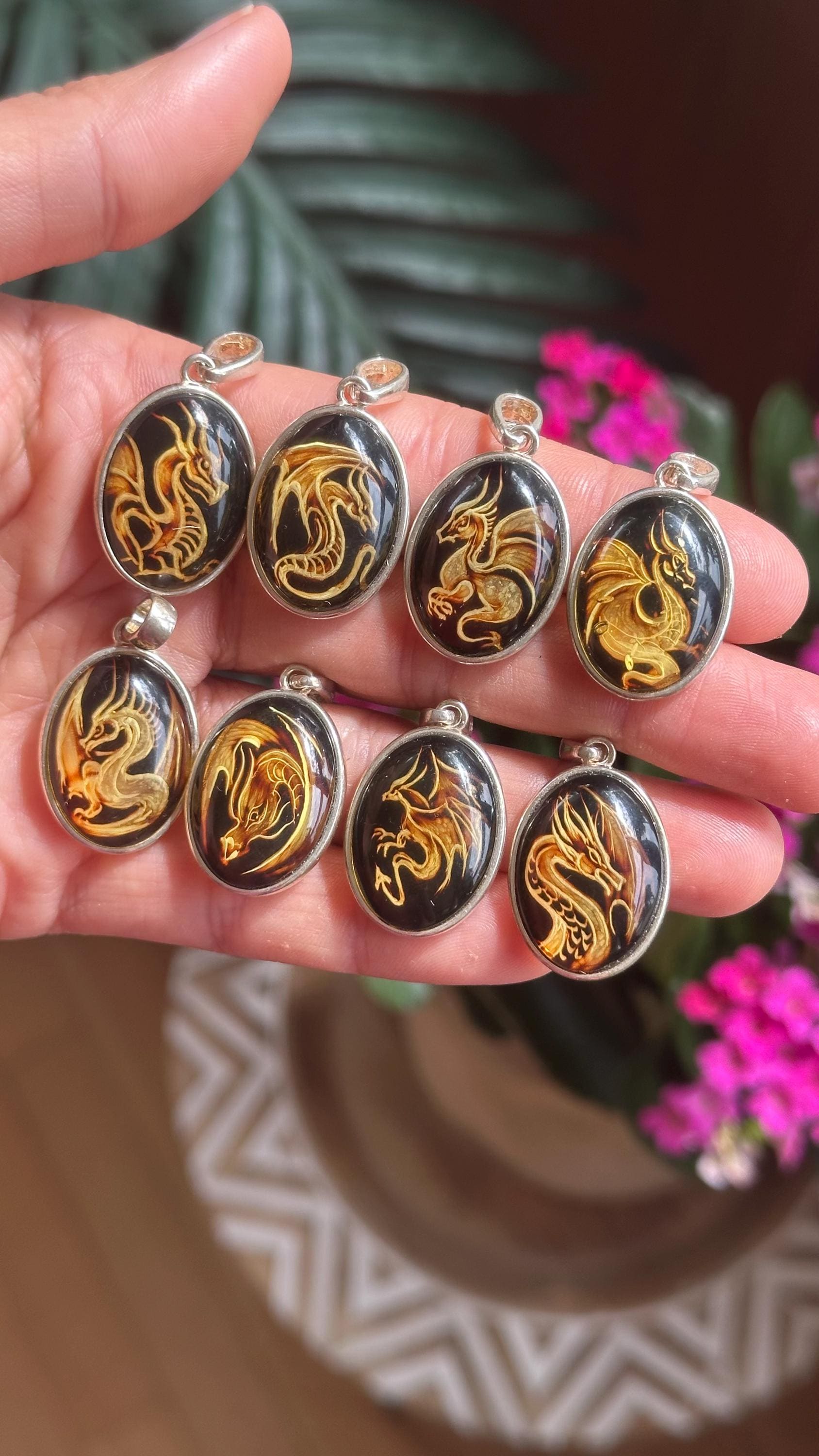 Hand Carved Amber Dragon Pendant .925 Sterling Silver, Dragon Necklace